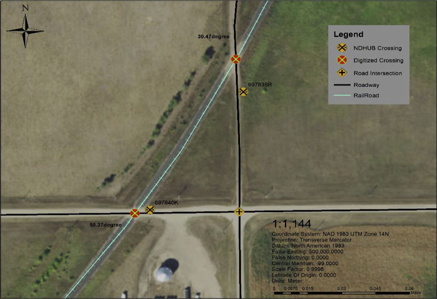 Satellite and GIS comparison of digitized and source grade-crossing locations